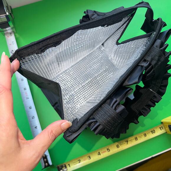 Black Ruffle Bow Tote Insulated Lunch HandBag Purse Coquette Lolita Goth Whimsy - Picture 6 of 7